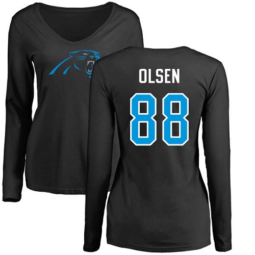 Carolina Panthers Black Women Greg Olsen Name and Number Logo Slim Fit NFL Football #88 Long Sleeve T Shirt